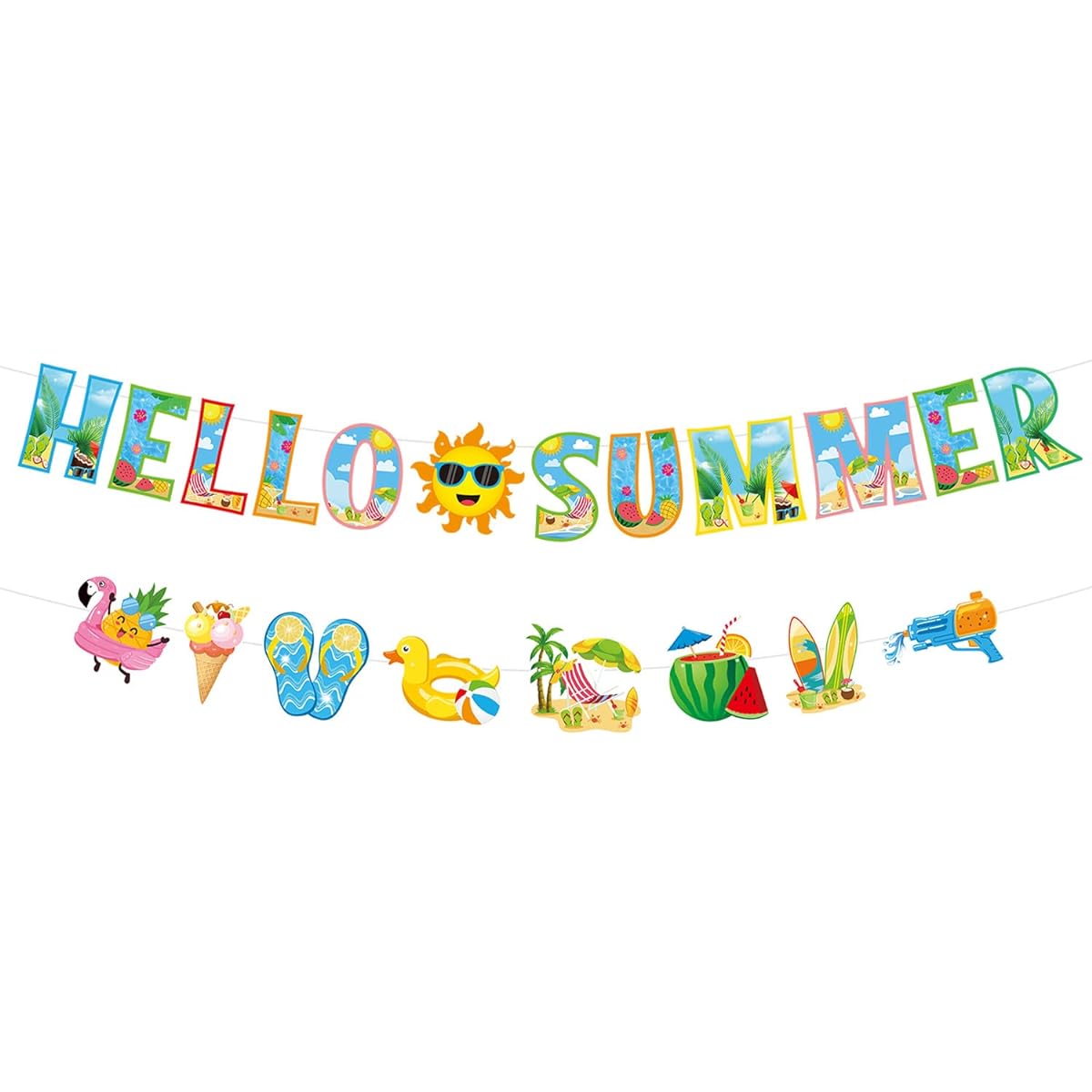PTFNY Hello Summer Banner Tropical Beach Pool Splash Bash Theme Banner Colorful Summer Drop Banner Garland Summer Vacation Birthday Party Decoration