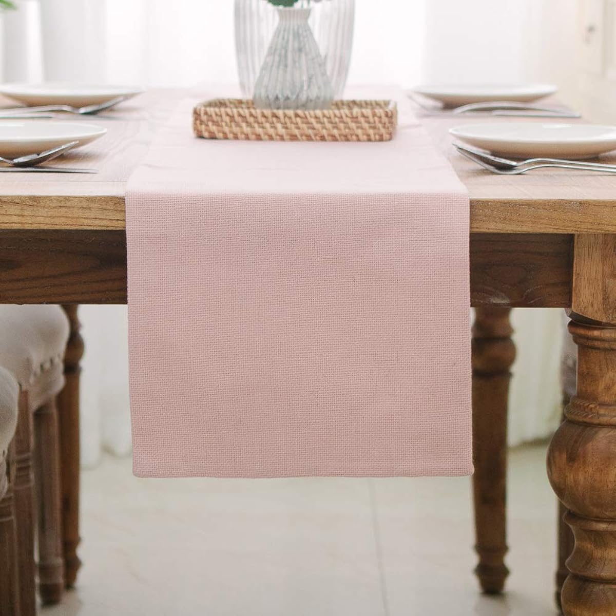 Soft Caddice Faux Linen Table Runner, 2 Sides, for Family Dinners, Gatherings, Indoor or Outdoor Parties, Everyday Use (12 x 108, Seats 8-10), Baby Pink