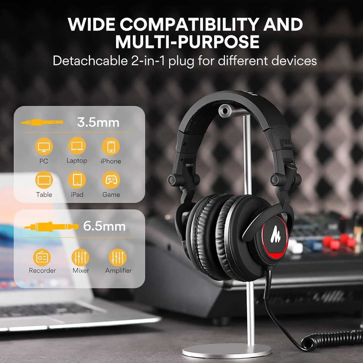 r Headphones, Wired Over-Ear Headphones, DJ Headphones, Closed Type, Soundproof, Foldable, Equipped with 50mm Diameter Drivers, 3.5mm/6.35mm Plugs, Compatible with PCs, Laptops, Smartphones, Tablets, Mixing, Megaphones, Instrument Practice, etc. AU-MH501