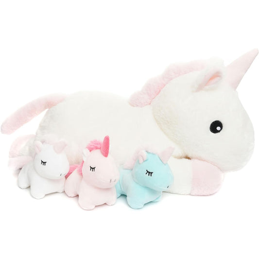 WEIGEDU Unicorn Mother and Child Plush Toys - 4-in-1 Stuffed Mummy Unicorn Playset with 3 Baby Unicorns, Set of 4, 18"
