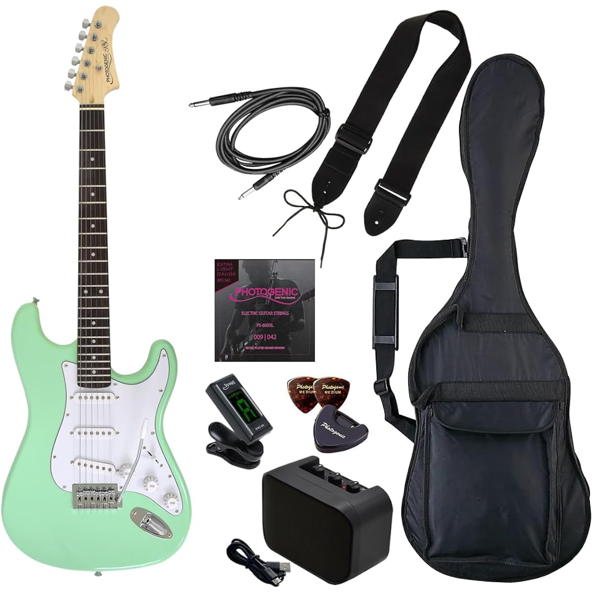 PhotoGenic Electric Guitar Beginner Light Set ST Type ST-180/SFG Surf Green [Soft case/shield/mini amplifier/tuner/strap/pick/pick case/strings/adjustment wrench included]