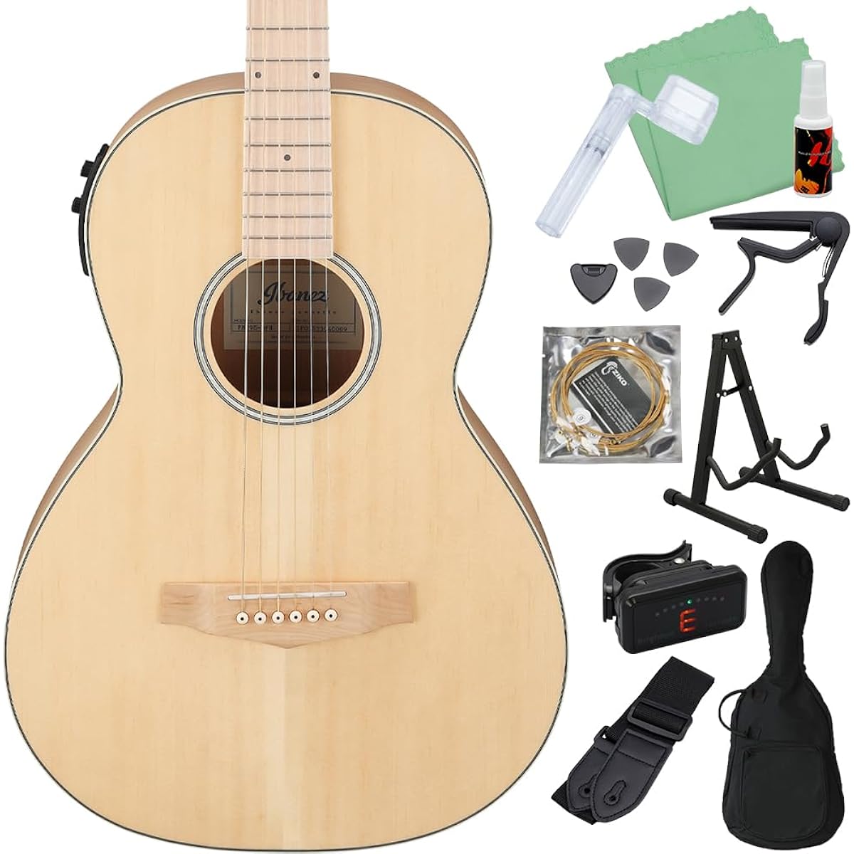 Ibanez PN29E OPN Acoustic Guitar Beginner 12-piece Set, Electric Acoustic Guitar, Open-pore Natural, Wood Grain, Matte Finish, Ibanez