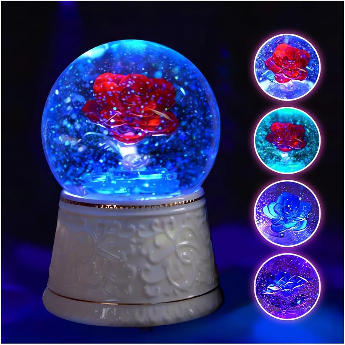 WOOYAN Music Box Red Rose Flower Color Changing Light Musical Christmas Snow Globe Baby Girl Sister Daughter Mother Lover Girlfriend Wife Mother Friend Women Birthday