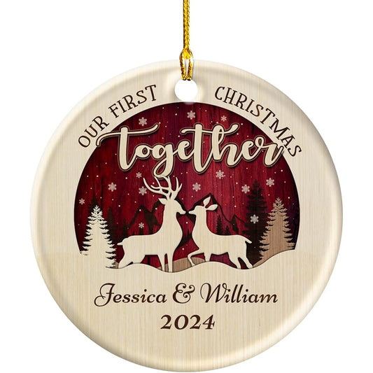 wowcugi Personalized First Christmas Ornament, Personalized Reindeer Couple Ceramic Ornament, Engagement Ornament, Wedding Keepsake Gift for Newlyweds, Christmas Tree Decoration