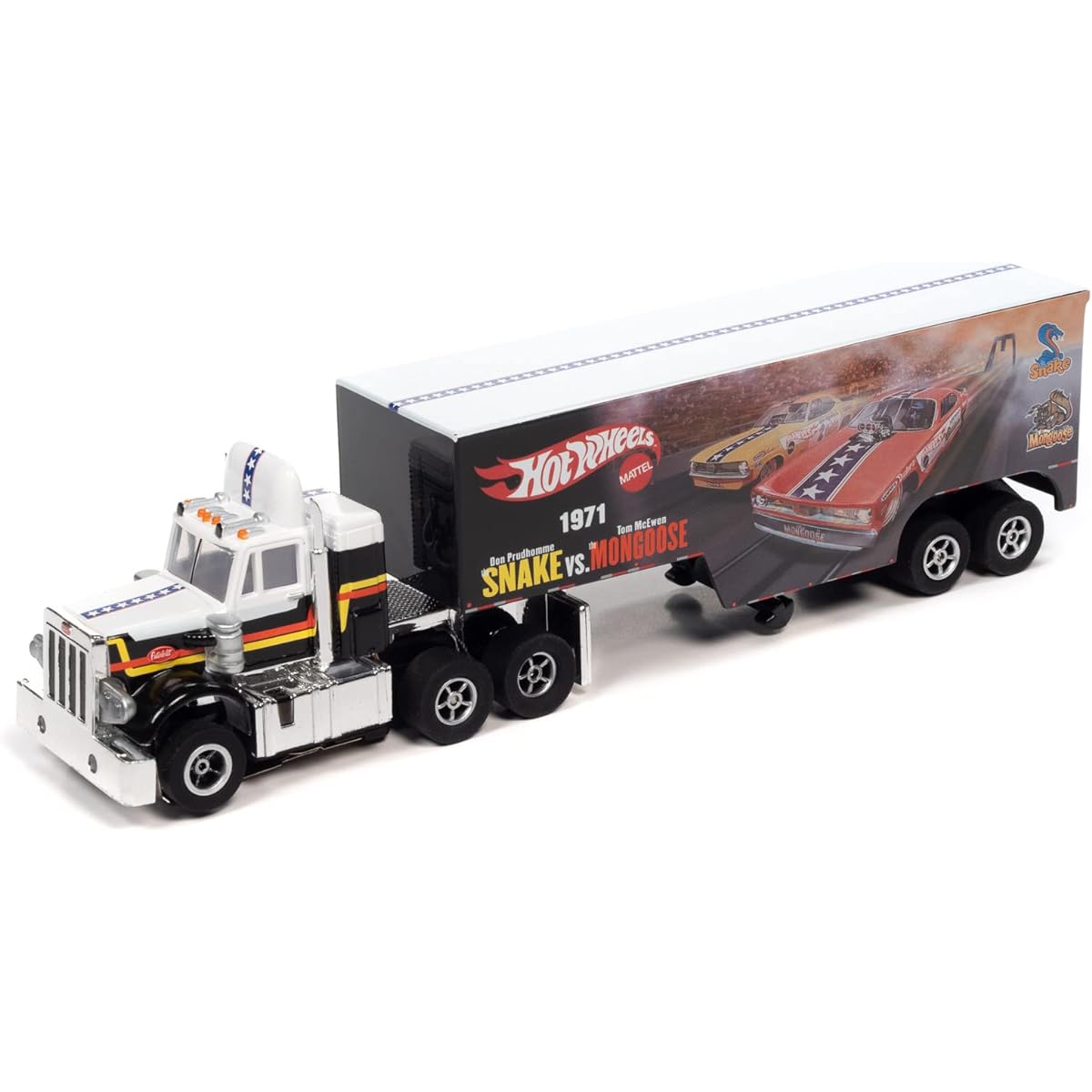 Auto World Xtraction Racing Rig Peterbilt 359 with Trailer Snake vs. Mongoose (Flamethrower) HO Scale Slot Car