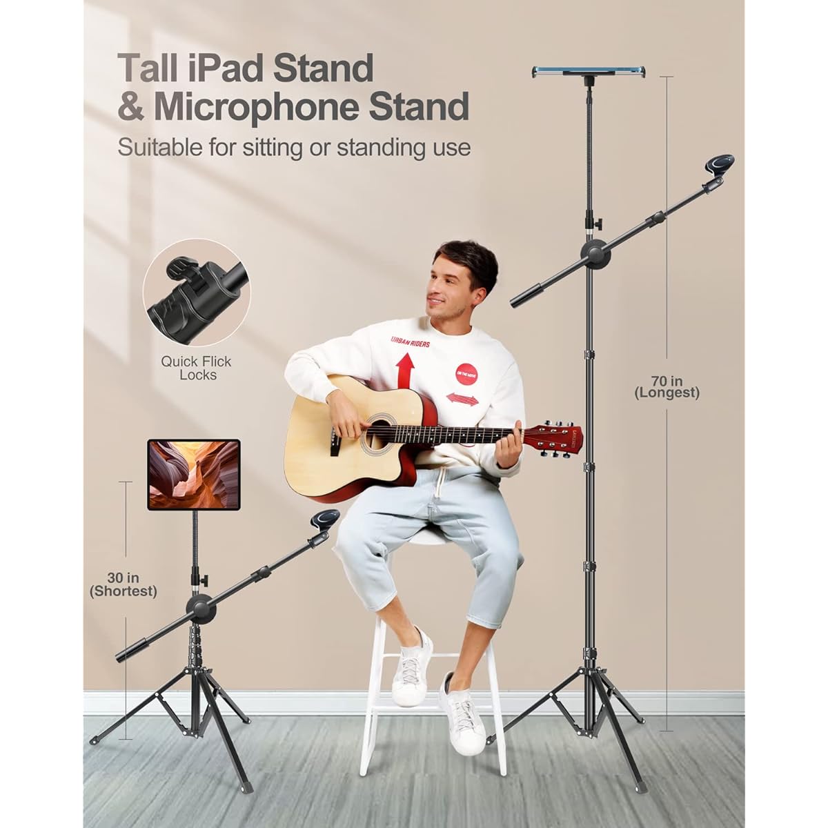 elitehood Boom Microphone Stand with iPad Holder, Heavy Duty Microphone Stand with Tablet Holder Mount, Tablet Floor Tripod Stand for iPad Cell Phone Mic, Foldable Microphone Stand for Singing & Music
