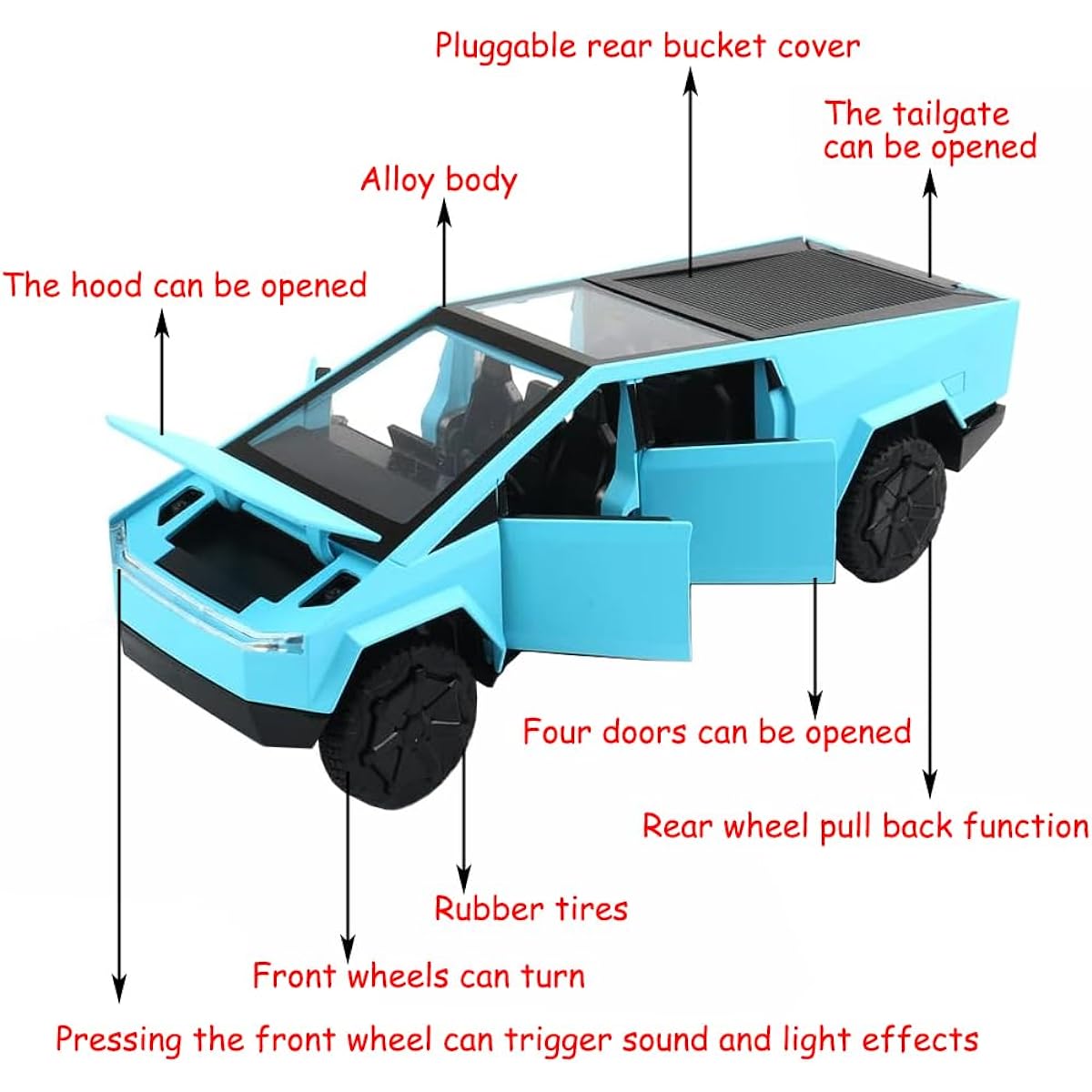 Toy Trucks Cybertruck Pickup Blue Model Alloy Diecast Vehicle with Sound and Light