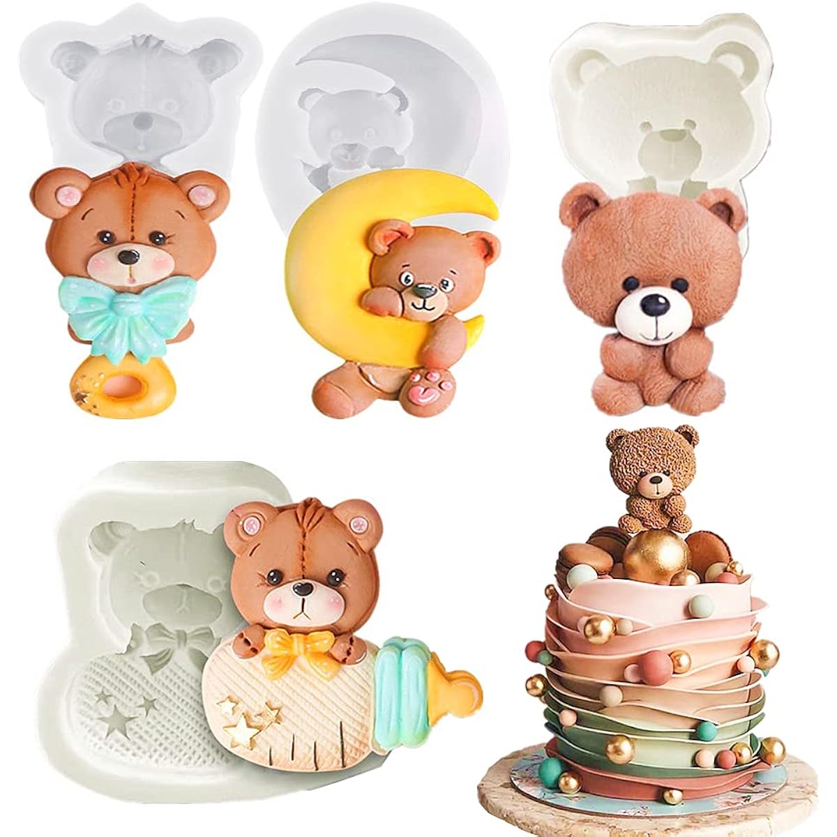 GallaRato 4pcs Luxury Teddy Bear Baby Shower Cake Mold, Teddy Bear Party Supplies, Teddy Bear Birthday Party Decorations, Bear Cake Decorations for Boys, Baby Shower Cake Decorations
