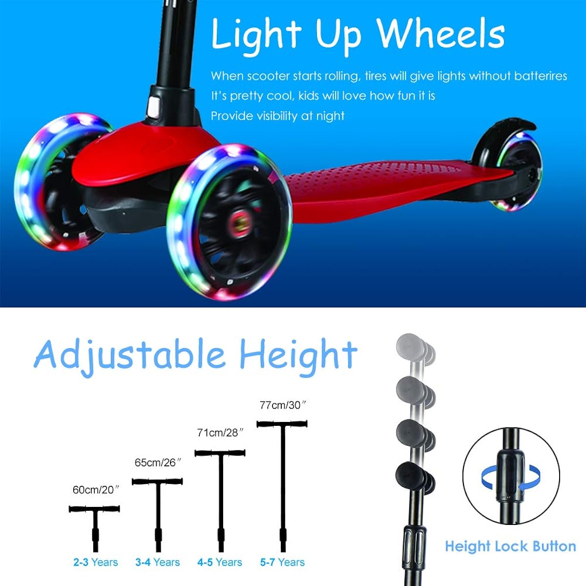 3 Wheel Scooter for Kids Ages 3-5 Boys Girls Toddler Scooter with LED Light Up Wheels, Adjustable Height, Tilt, Wide Deck, Rear Brake