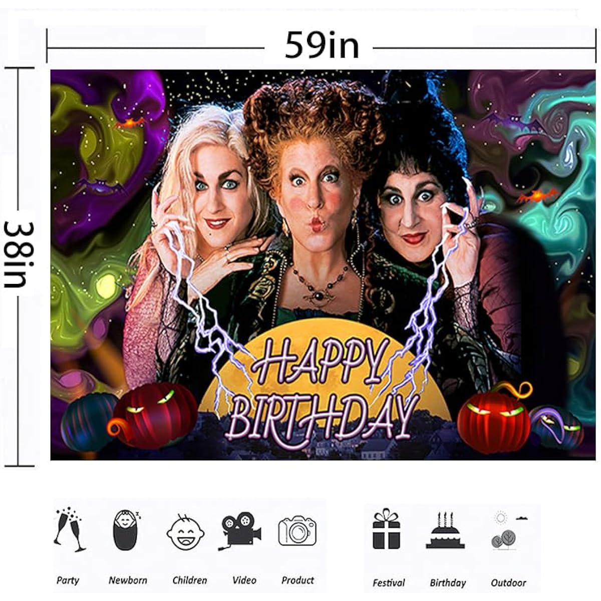 Witch Backdrop for Halloween Party Decorations, Happy Birthday Hocus Theme Banner, Baby Shower Party Supplies 5x3ft