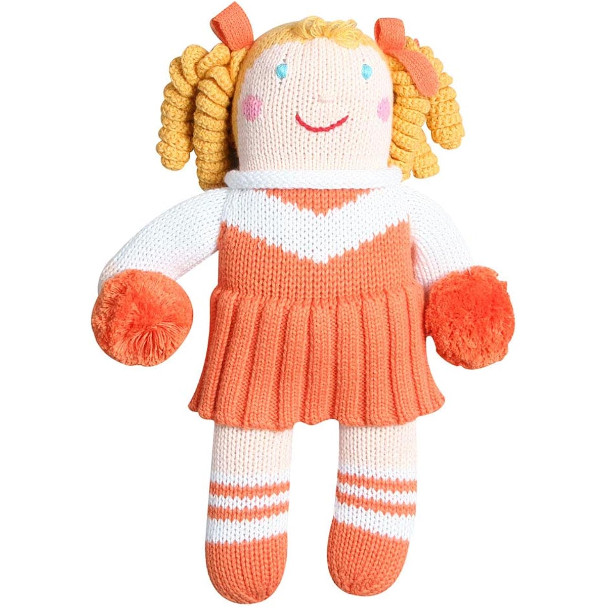 Cheerleader Plush Doll Toy in Orange and White 100% Cotton Hand Knit