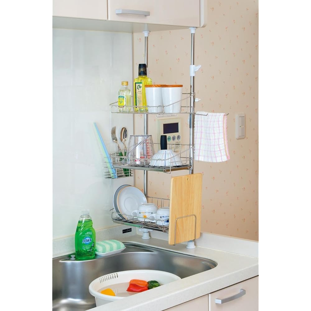 Ernest [Made in Japan] Drainer Basket (Tension) Stainless Steel 3 Tiers (Slim) Gap Storage Major Restaurant Favorite Brand A-75814 37.5 x 18 x 69-110cm