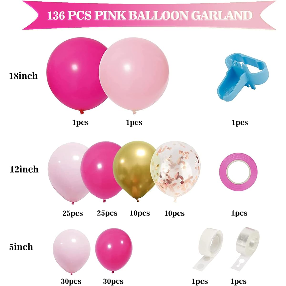 FUNTOOB Pink Balloon Garland, 130pcs Hot Pink Decorations Pink Rose Gold Chrome Balloon Arch Kit for Girls Birthday Decorations Baby Shower Birthday Wedding Princess Theme Party Decorations