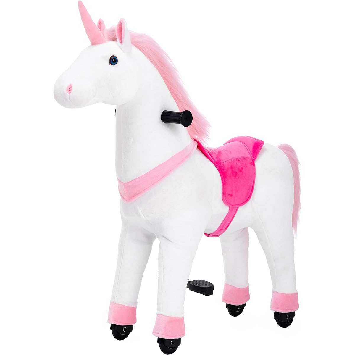 PONYEEHAW Unicorn Ride On Toy Kids Horse Riding Toy Age 4-9 Premium Plush Animal Toy Walking Horse with Wheels 33.5"L x 11.8"W x 36"H