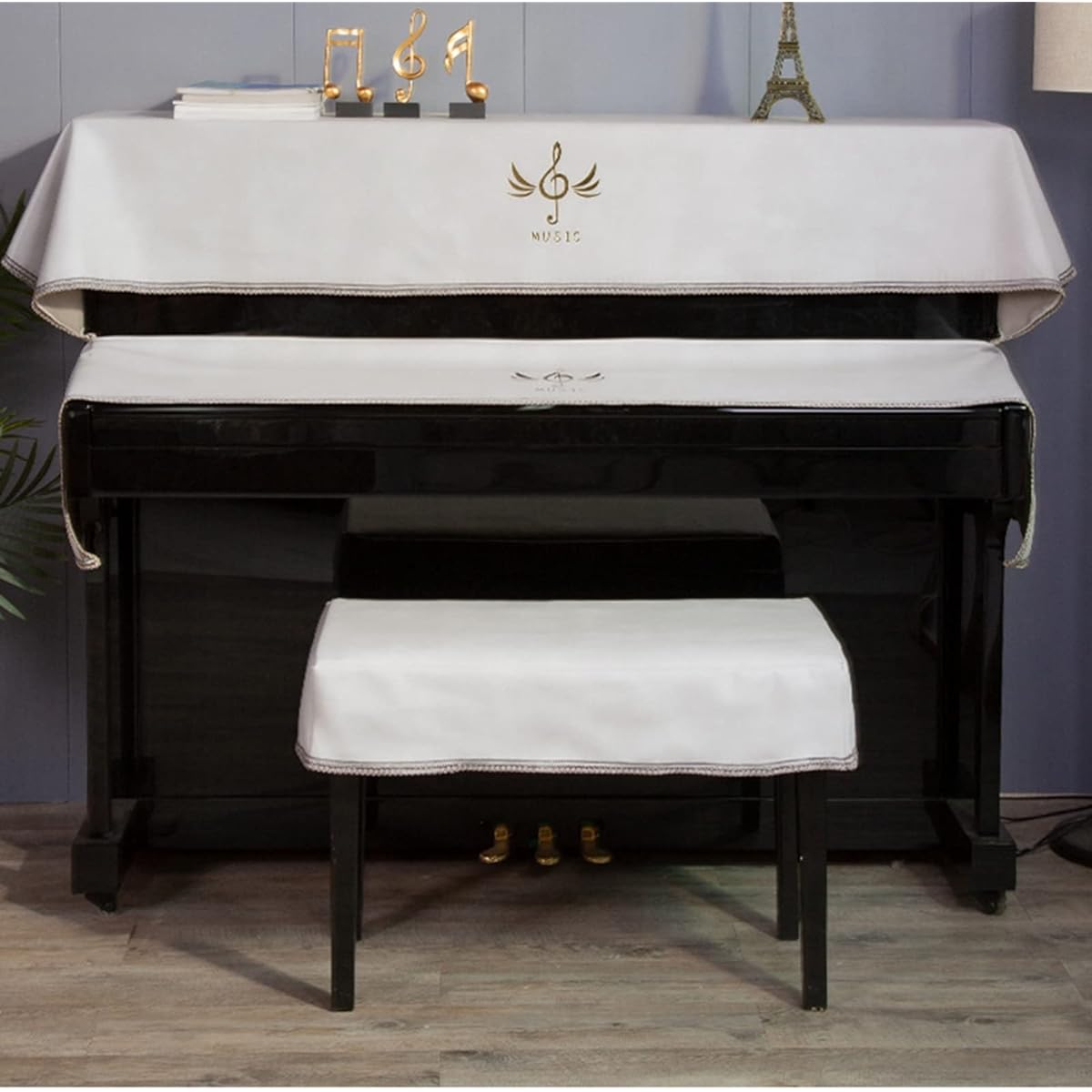 ece set, top cover + key cover + chair cover, electronic piano, cloth, soft, European style, stylish, musical note pattern, light blocking, dustproof, lightweight, stain resistant, thick, dustproof cover, piano protection cover, piano hanger, piano cover