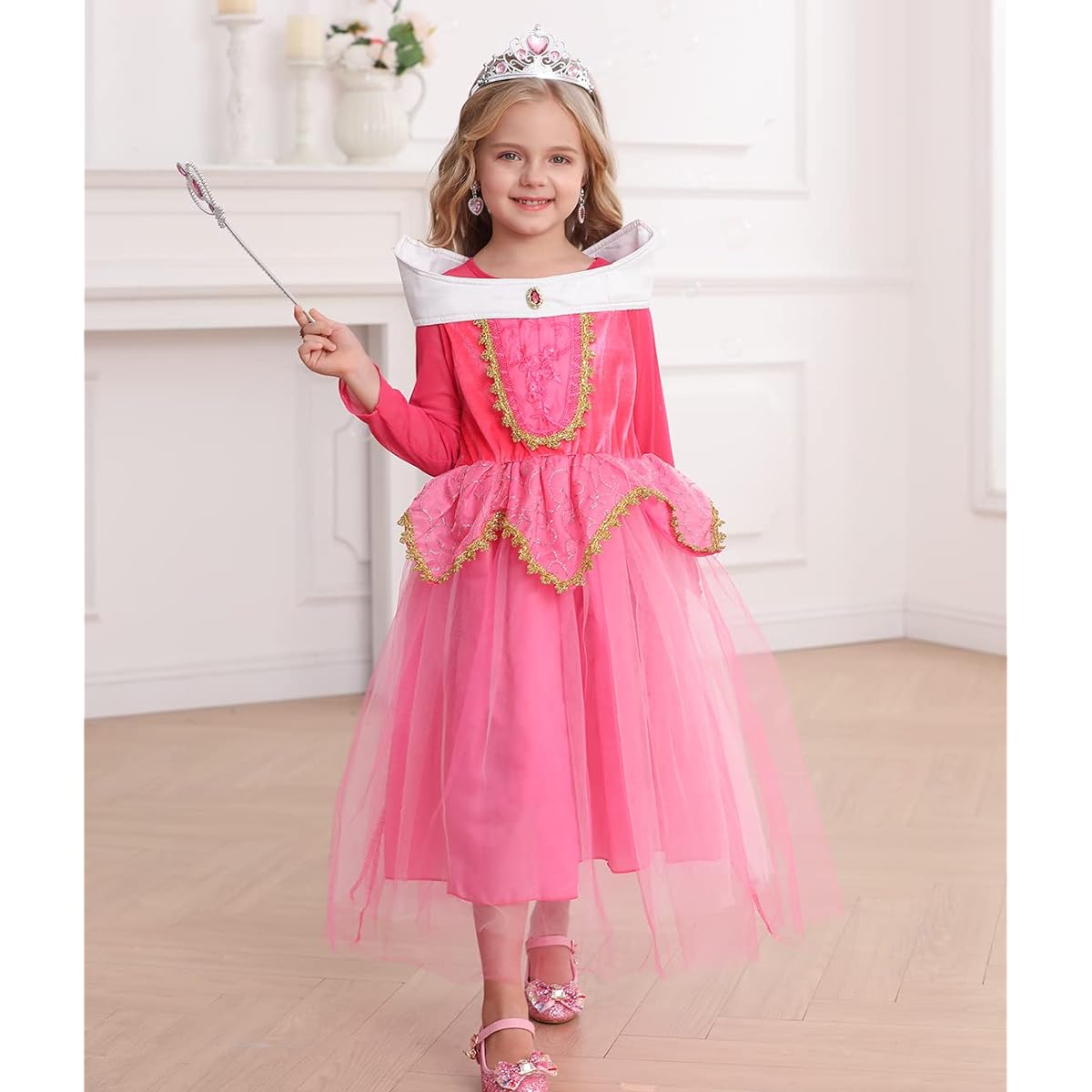 iTVTi Girls Princess Dress Up Halloween Party Costume Crown Wand Earrings Ring Pink