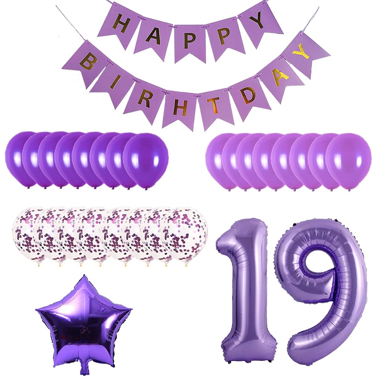 19th Birthday Party Decorations Kit,Happy Birthday Banner,Number 19 Birthday Balloons,Birthday Party Supplies,19th Purple Birthday Party Pack
