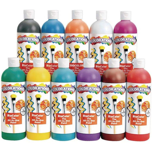 Colorations Bio Color Paints 16oz Set of 11 Non-Toxic Kids Crafts Hobbies Fun Poster Painting Polish Resistant Blotting Metal Plastic Foil Glass Gift (Item #BIO16)