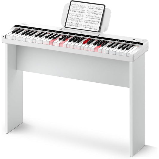 61 Keys, Glowing Keyboard, Rechargeable, 500 Tones, 300 Rhythms, 60 Demos, MIDI Compatible, Lightweight, Compact, Easy to Carry, Beginners, Children, Practice, Wooden Stand, Music Stand, Power Adapter, Japanese Instruction Manual Included DK-10S (White)