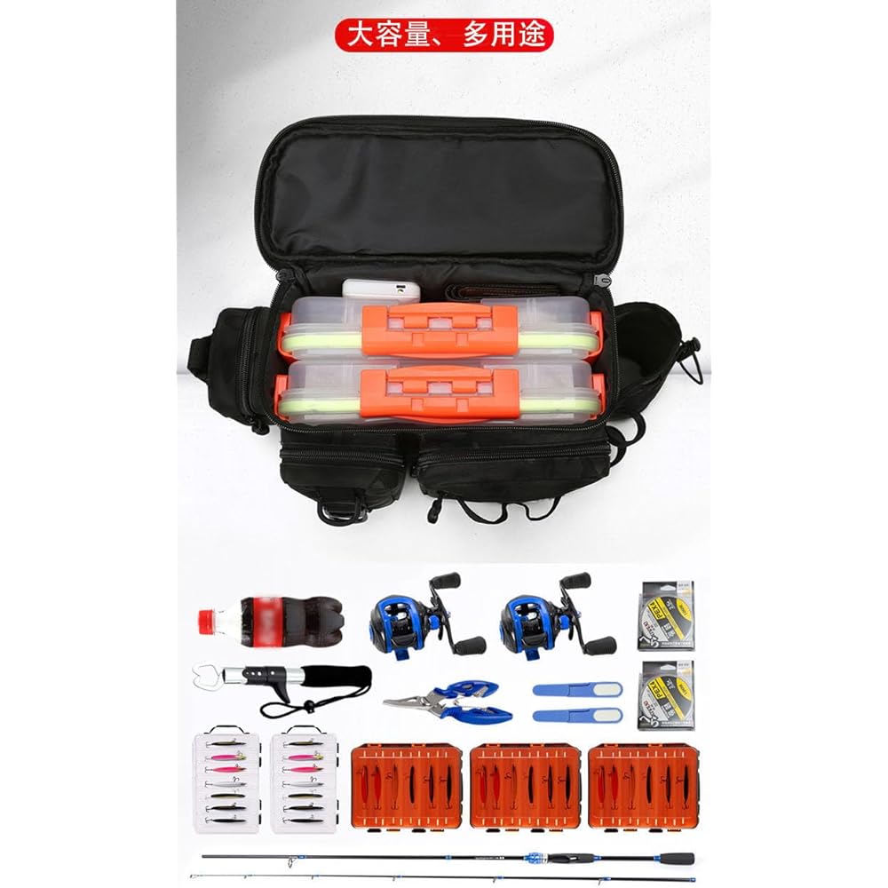 RIVER DIARY Fishing Tackle Bag Gran Gun Bag Waist Bag Fishing Waterproof Wide Mouth Large Capacity Black (Blue)