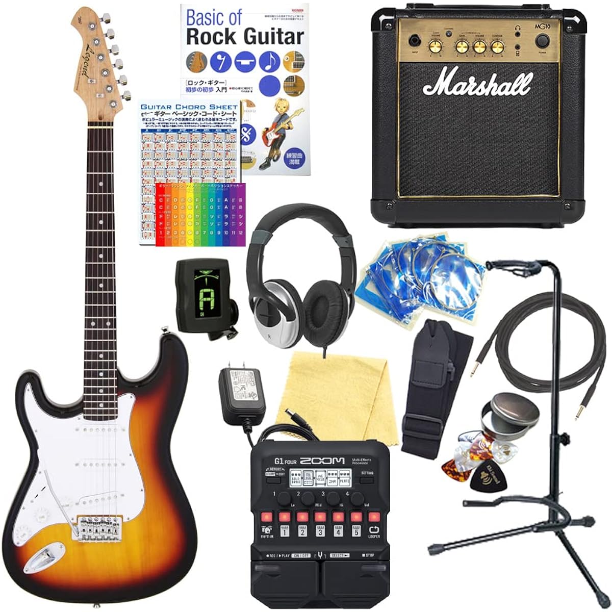 Electric guitar for left-handed beginners, Stratocaster type, 18-piece set with Marshall amp, Legend LST-Z LH 3TS [ZOOM G1Four multi-effector included]