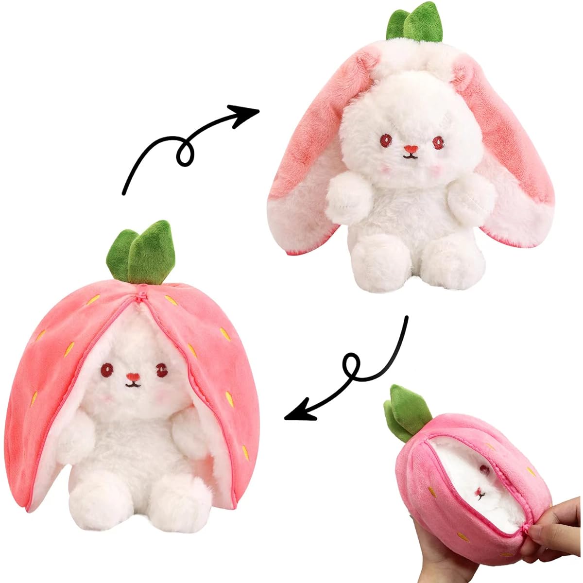Irokasbar Reversible Strawberry Bunny, Bunny Stuffed Animal with Zipper Cute Novelty Plush Toy for Kids (Strawberry, 7.8 Inch)