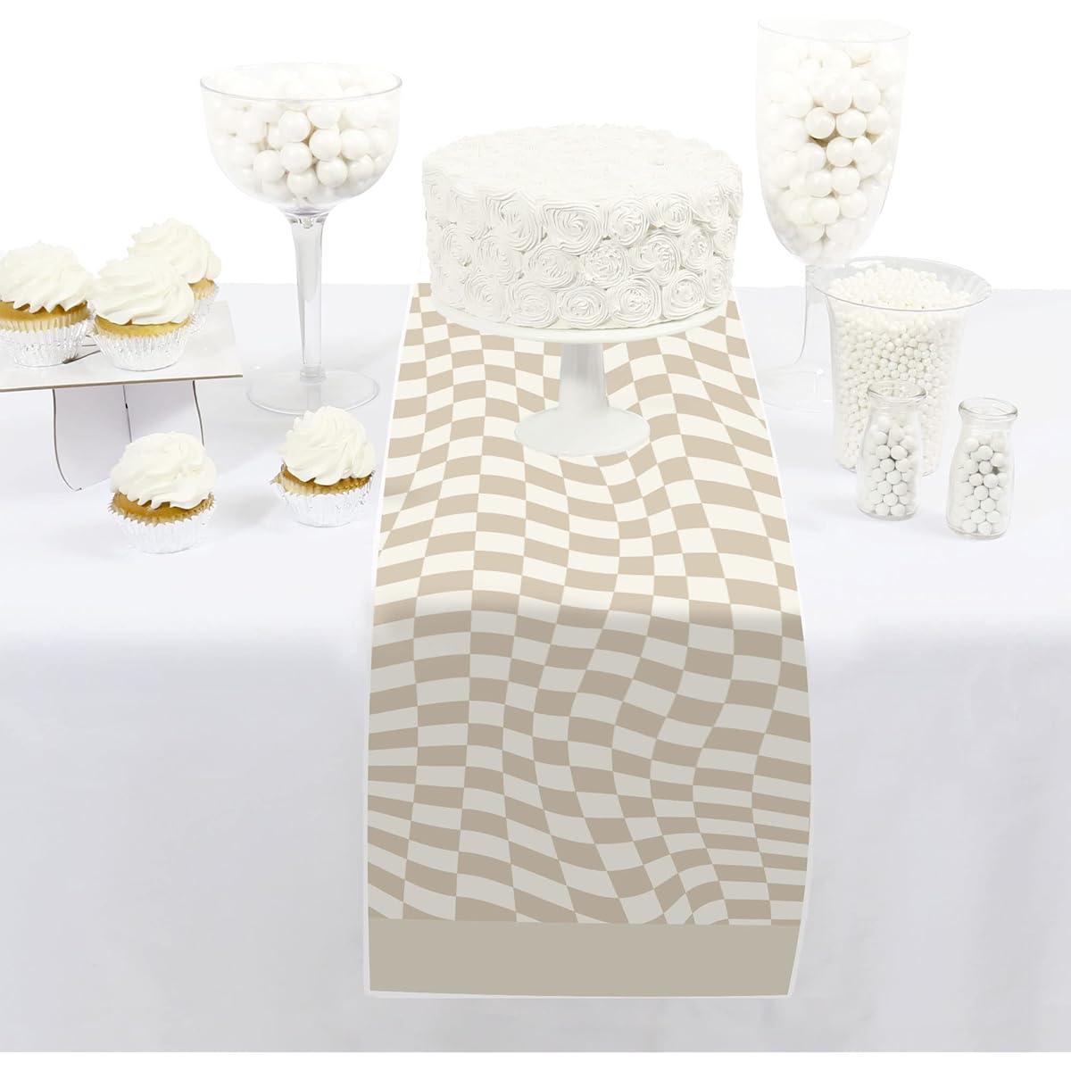 Big Dot of Happiness Tan Check Party - Petite Paper Table Runner - 12" x 60"