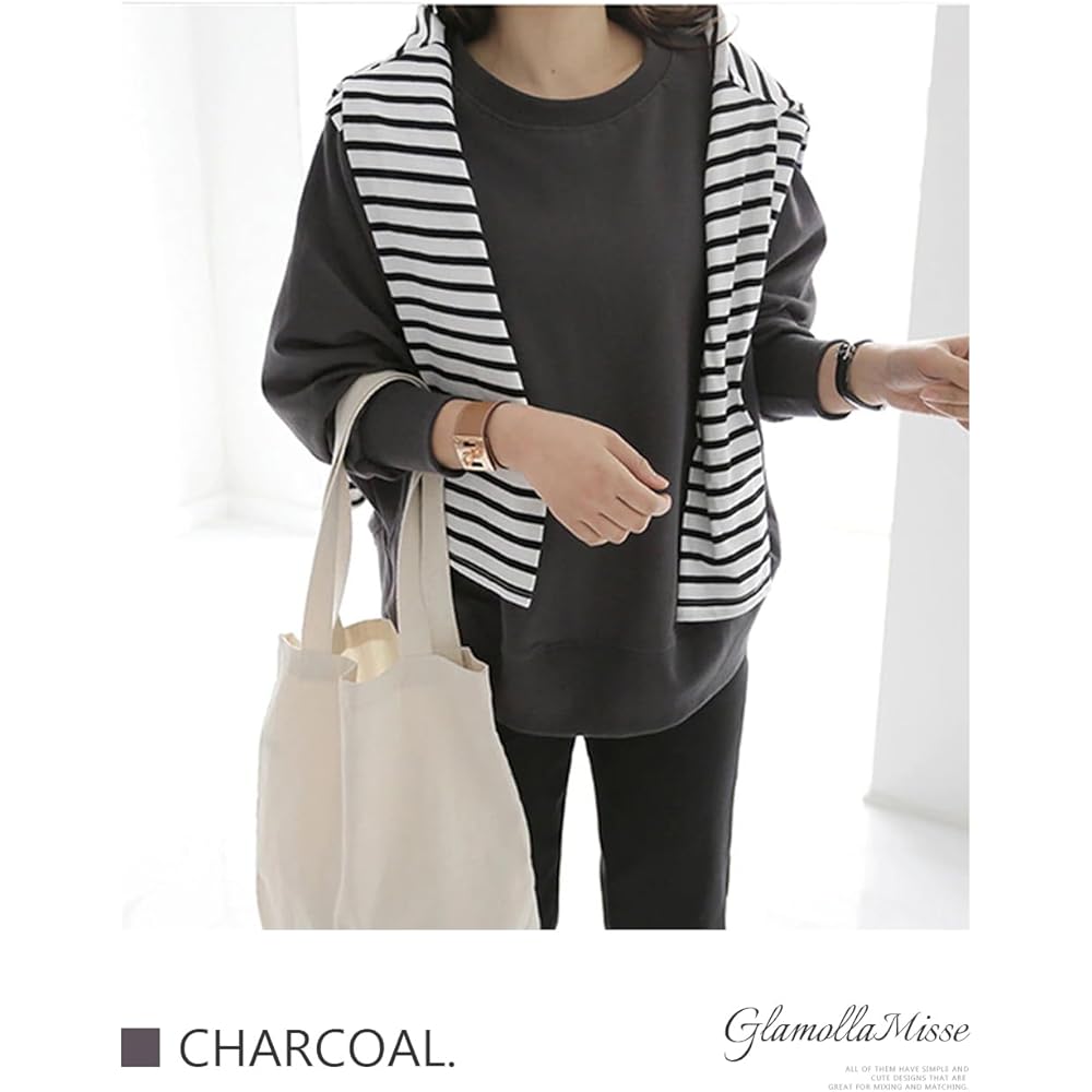 [GlamollaMisse] Women's Sweatshirt, Cotton, Dolman Sleeves, Pullover, Round Neck, Crew Neck, Long Sleeve Top, Casual, Loose, Cut and Sewn, Plain, Stylish, Large Size, Slimming, Covers Your Body, Cute, Commuting, Going Out, Spring, Autumn, Winter