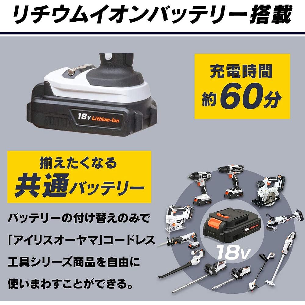 Iris Ohyama Impact Driver 18V Rechargeable Cordless Battery and Charger Included Torque 160N・m Easy to Use for Drilling and Tightening Screws in Thick Materials JID160 [18V Common Battery Series]