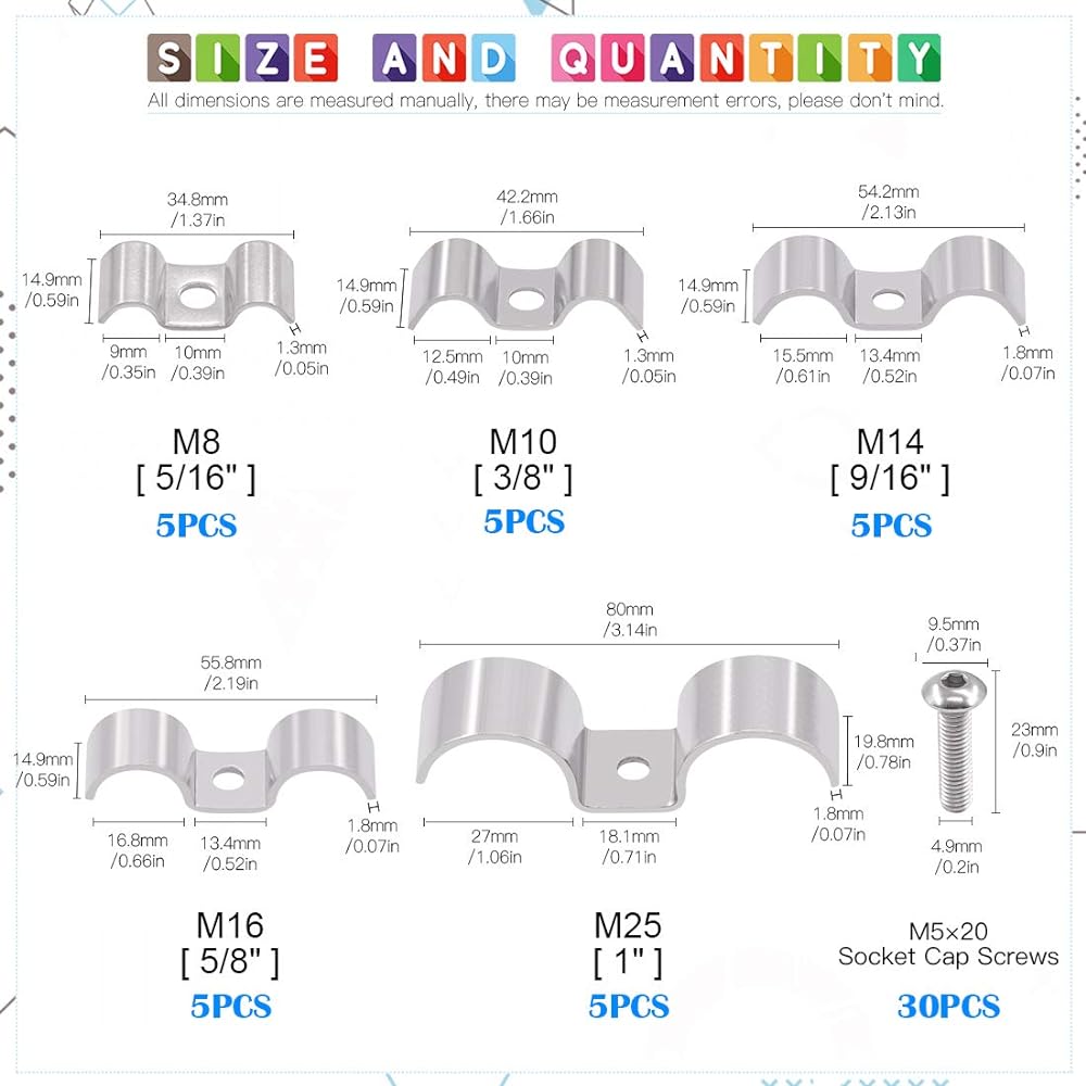 Glarks 50 Pieces 5/16" 3/8" 1/2" 5/8" 1" Stainless Steel Double Line Clamps Fuel Line Clips with Mounting Screws Assortment Kit for Brake/Fuel Lines/Tubing