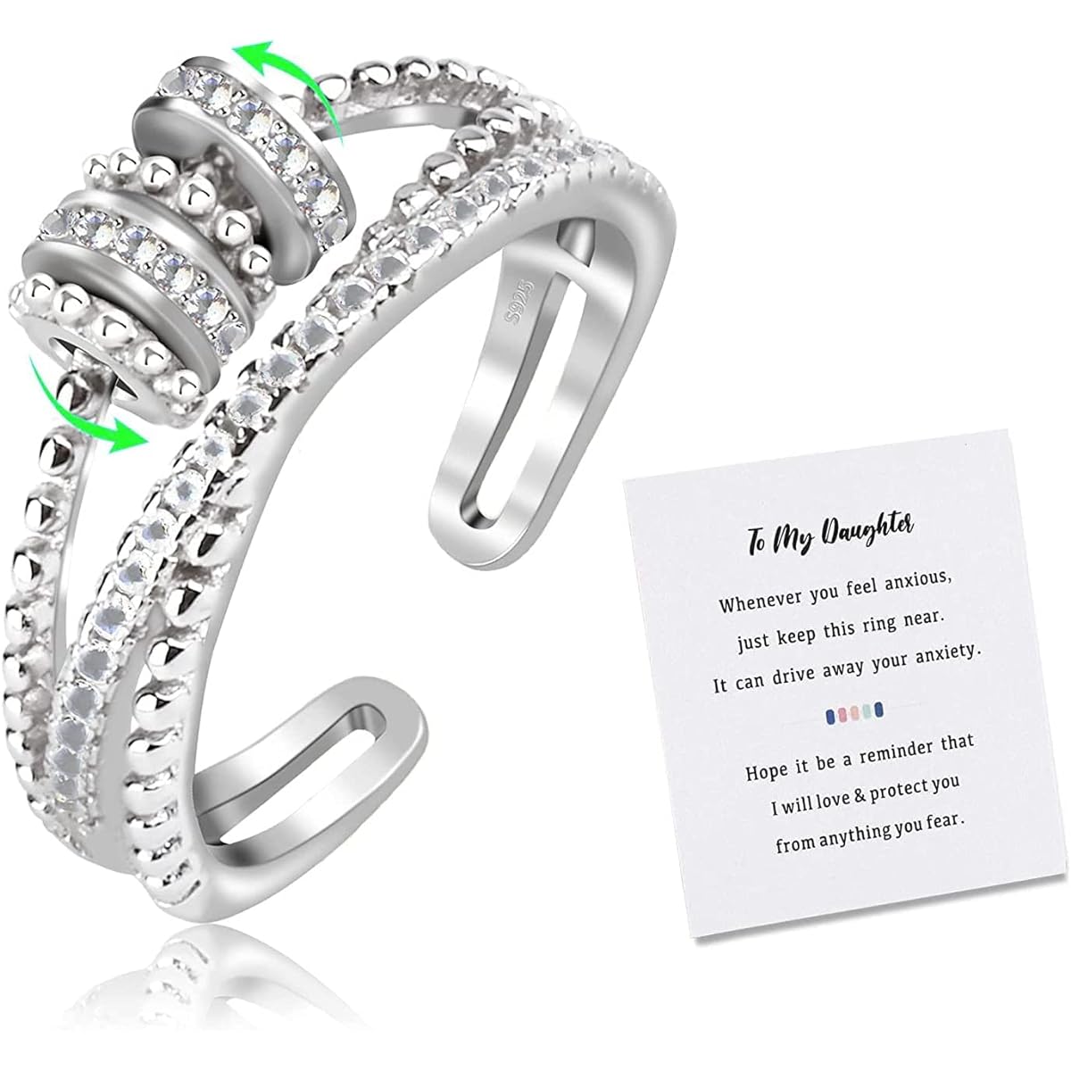 Sterling Silver Anxiety Ring for Women & Kids - Fidget Band Ring for Daughter Anxiety Spinning Beads Open Adjustable Stacking Fidget Spinner Anti Anxiety Ring Fidget Ring Jewelry Gift