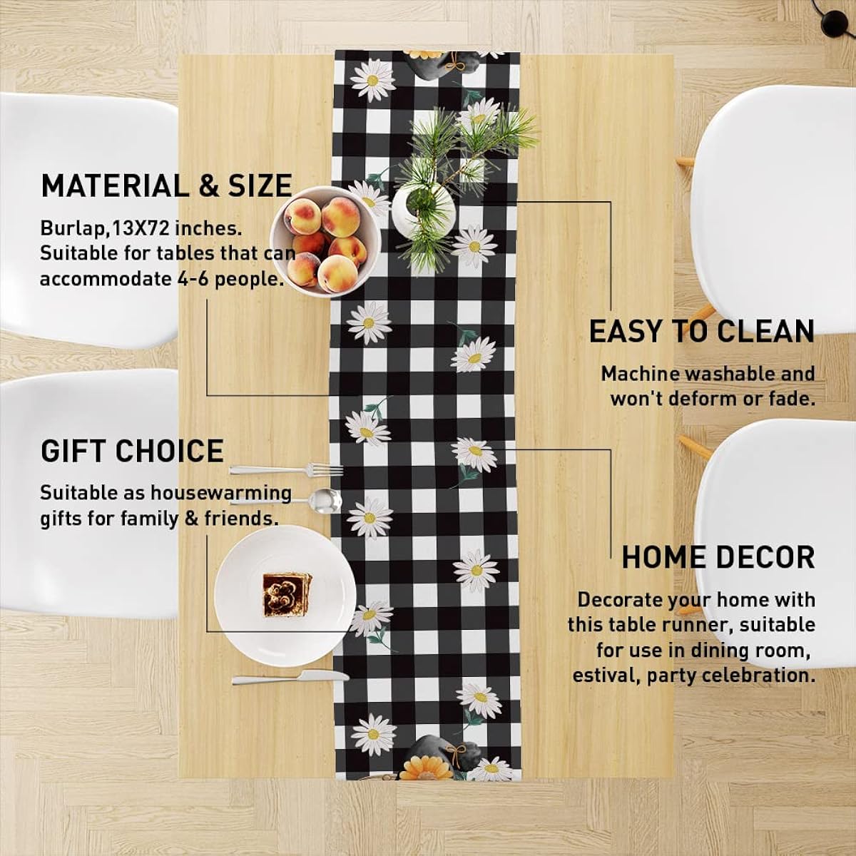 Daisy Flower Table Runner,Black White Buffalo Plaid Check Table Runner Decor Dining Room Kitchen Home Farmhouse Table Runner Decorations Holiday Party,Housewarming Gift Ideas,35.8X72inch