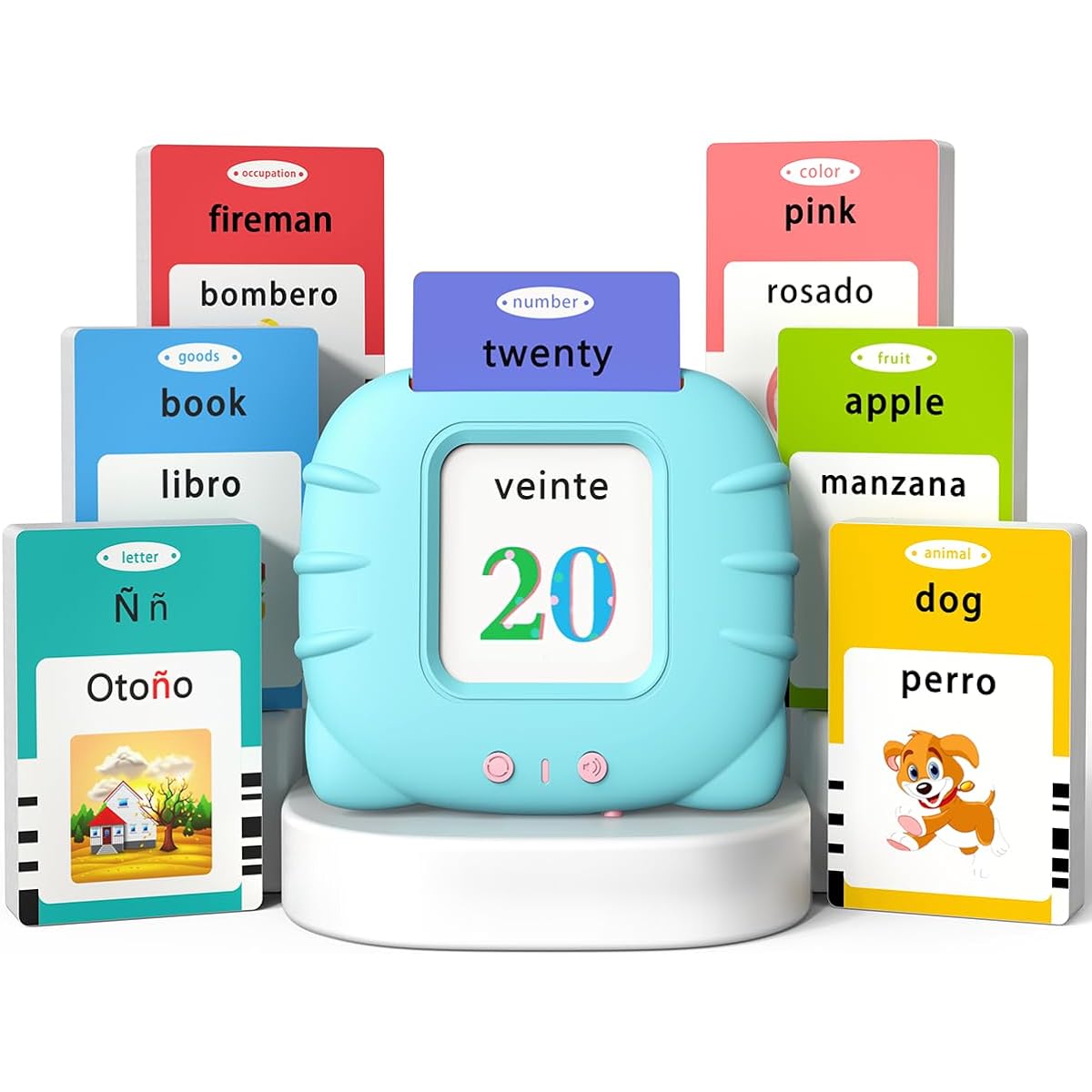 Kidzdo Spanish and English Audible Toys Bilingual Spanish/English Talking Flash Cards with Music Preschool/Toddler 2 3 4 5 6 Learn Spanish English