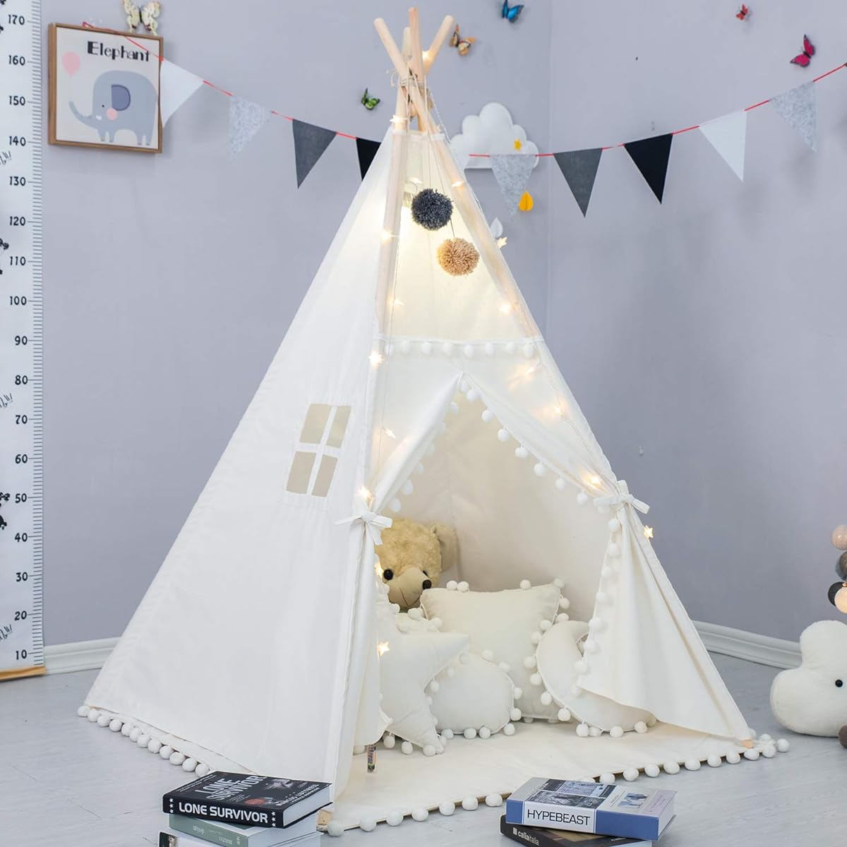 LGMOONYE Foldable Teepee Tent for Kids with Lace and Pompom Ball Design, Includes Floor Mat, Carry Case, Banner, 4 Plans, Classic Cute Kids Play Area for Indoor Outdoor Nursery Decoration