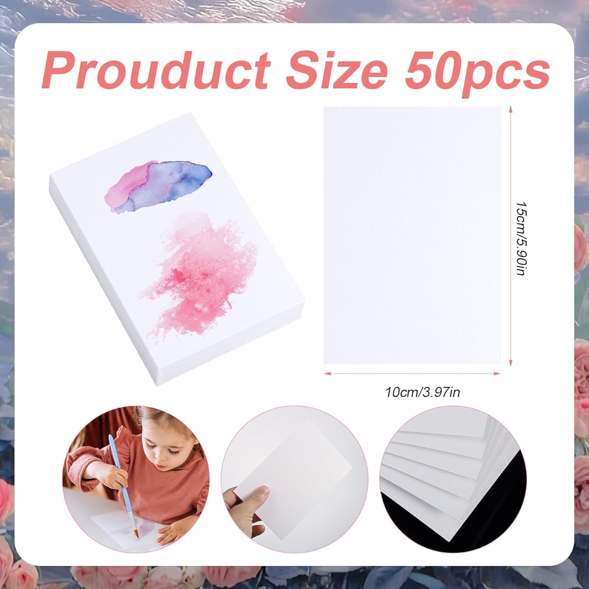 50 Sheets Watercolor Paper 4 x 6 Inch 100% Cotton Watercolor Paper Acid Free Watercolor Paper Cards for Students Artists Sketch Art Test (Rough Texture)