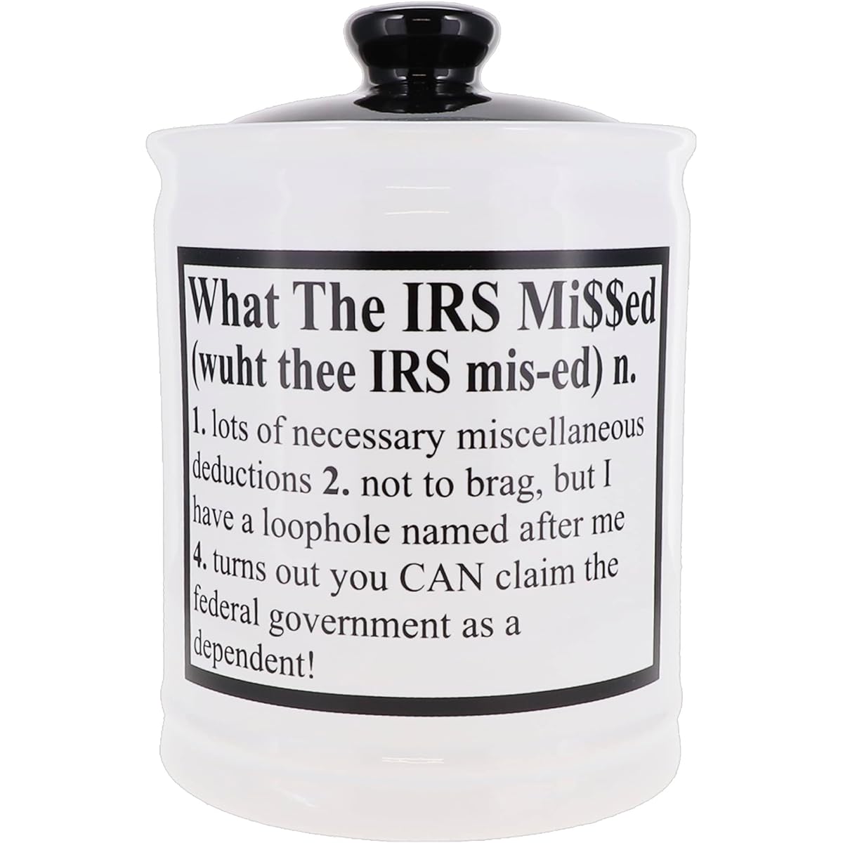 Cottage Creek Piggy Bank What The IRS Missed Definition Coin Bank Round Ceramic Tuck Piggy Bank with Black Lid IRS Piggy Bank IRS Jar [White]
