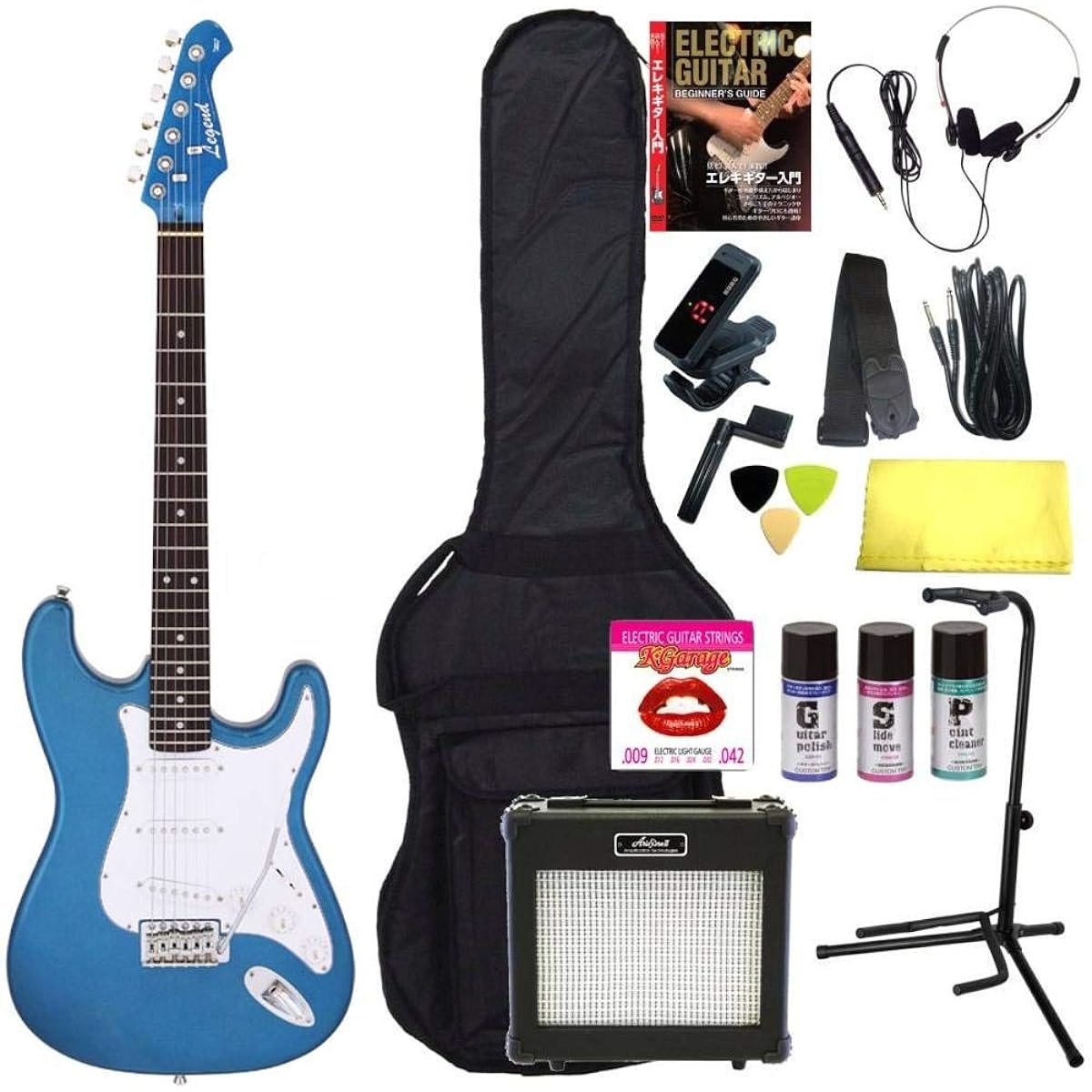 [Perfect 16-piece set/ARIA 6W amplifier] Legend LST-Z MBMB (Metallic Blue) Stratocaster electric guitar beginner set introductory set