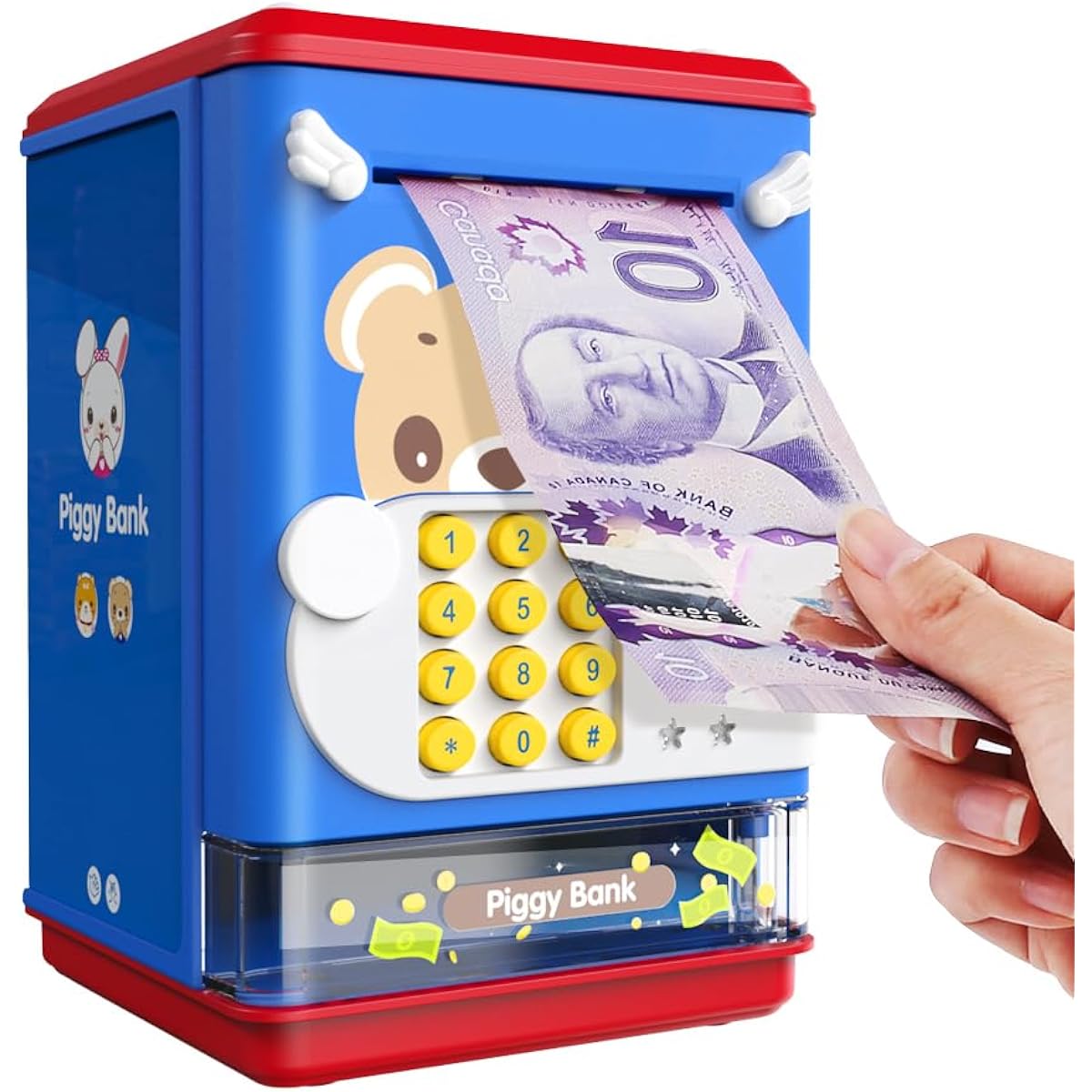 AIQI Piggy Bank Toy Electronic Mini ATM Saving Machine with Personal Password & Fingerprint Unlock Simulation - Music Box with Songs for Kids Boys Girls Age 3-8 (Blue)