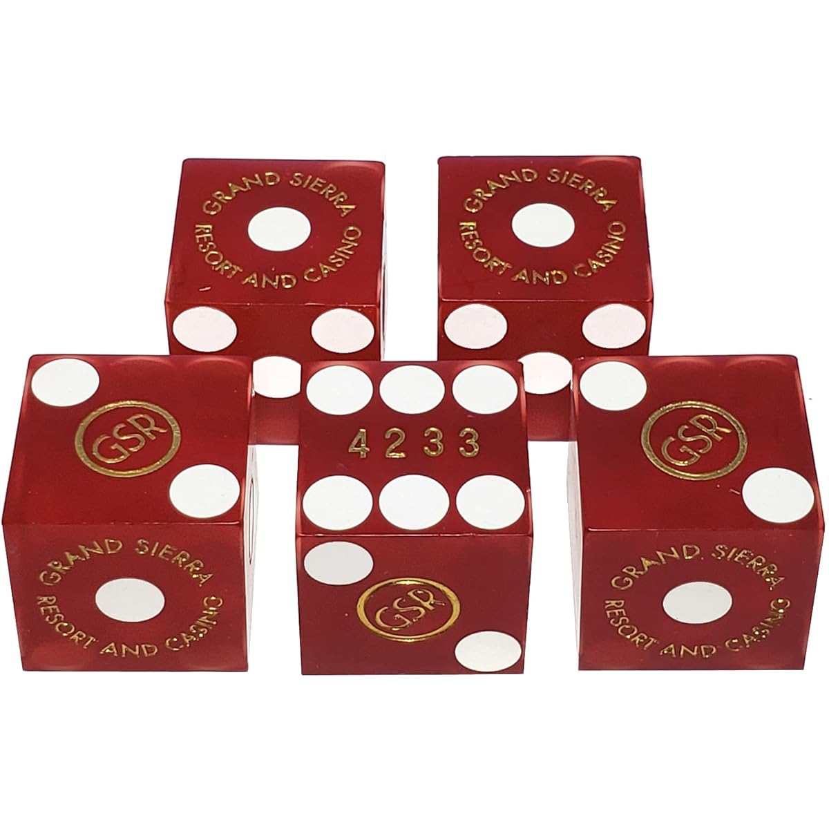 Authentic Nevada Casino Table Play 19mm Craps Dice with Serial Number (Grand Sierra Resort - Red Frost) Set of 5