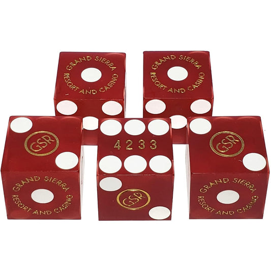 Authentic Nevada Casino Table Play 19mm Craps Dice with Serial Number (Grand Sierra Resort - Red Frost) Set of 5