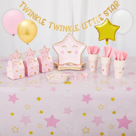 185 Piece Twinkle Twinkle Little Star Baby Shower Decorations for Girls Pink Dinnerware Set with Cutlery (24 Years Old)