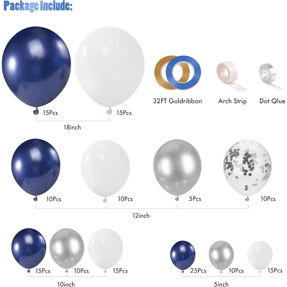 CANREVEL 127pcs Navy Blue Silver Balloon Garland Kit White Silver Confetti Balloon Arch Kit for Birthday Party Baby Shower Wedding Graduation Prom Decorations