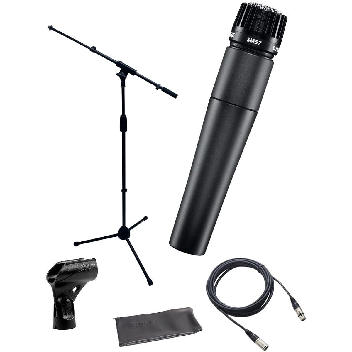 Shure SM57-LC Instrument/Vocal Cardioid Dynamic Microphone with Mic Boom Stand, XLR Cable, Mic Clip and Bag