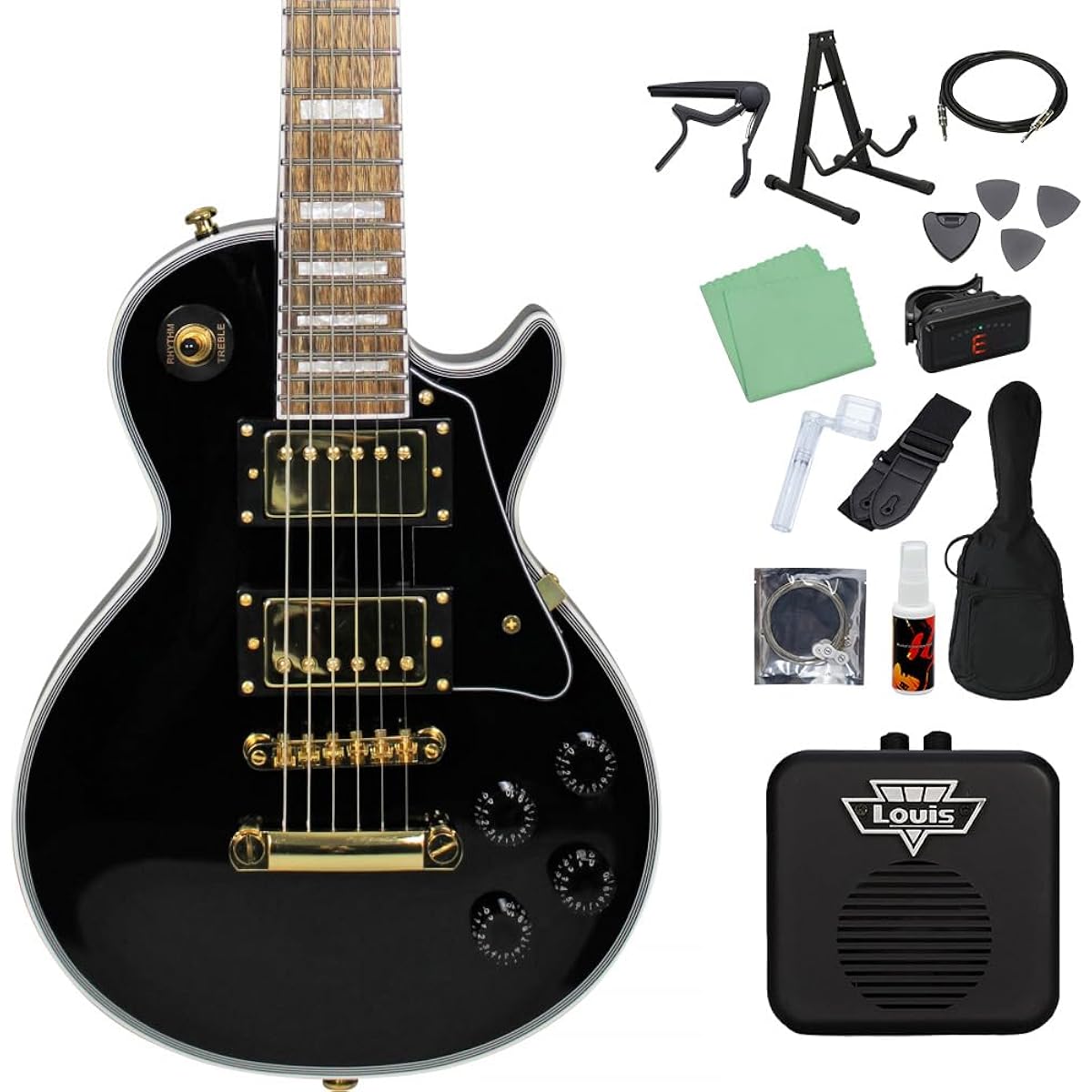 GrassRoots SG-LPC-mini BLK (Black) Electric Guitar Beginner 14 Piece Set [Mini Amplifier Included] Mini Guitar Les Paul Custom Black Black 2 Ham Grass Roots