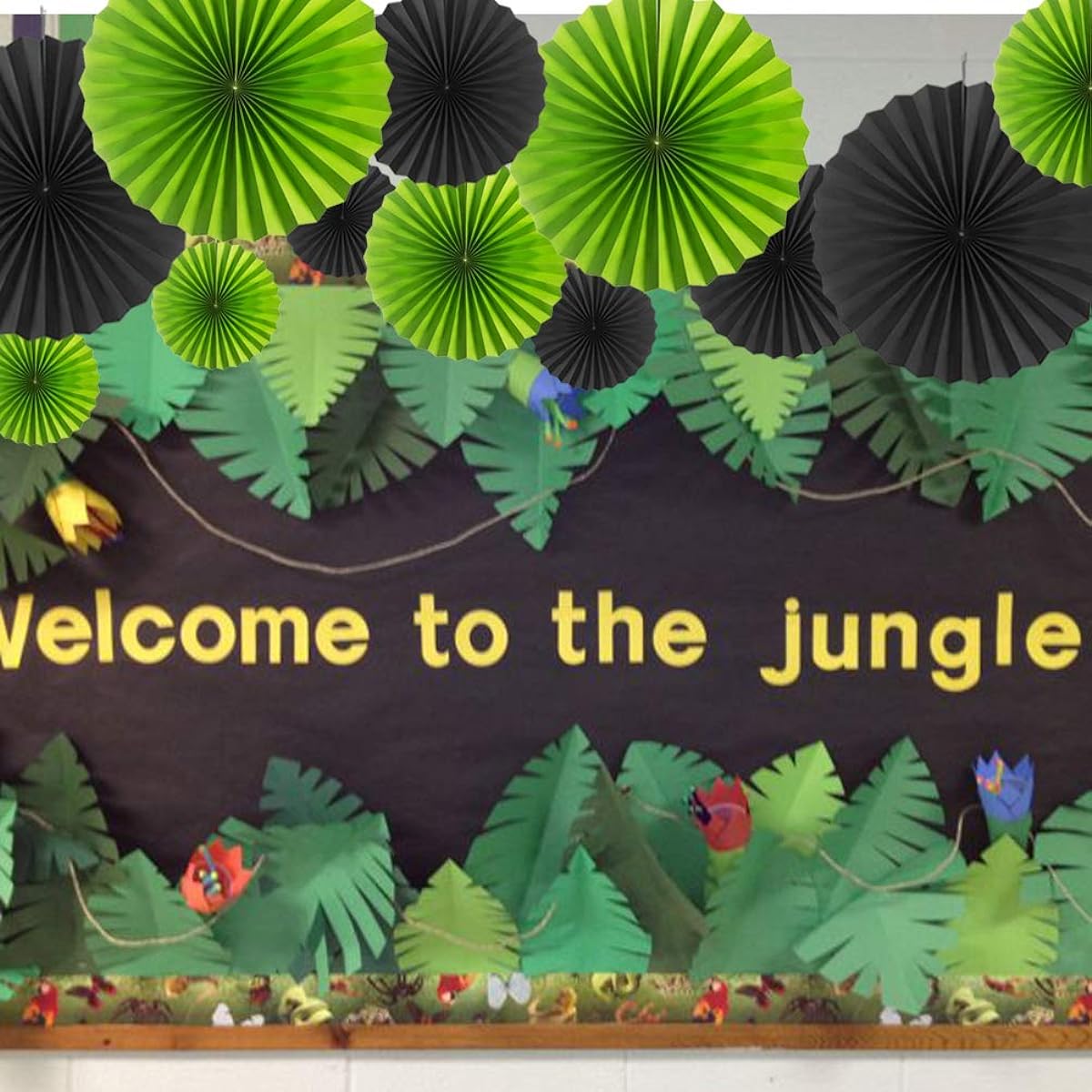MOWO Black White and Green Paper Fans for Jungle Tropical Theme Party Graduation Summer Football Sports Party Favors Fans(Black, Green, 12pcs)