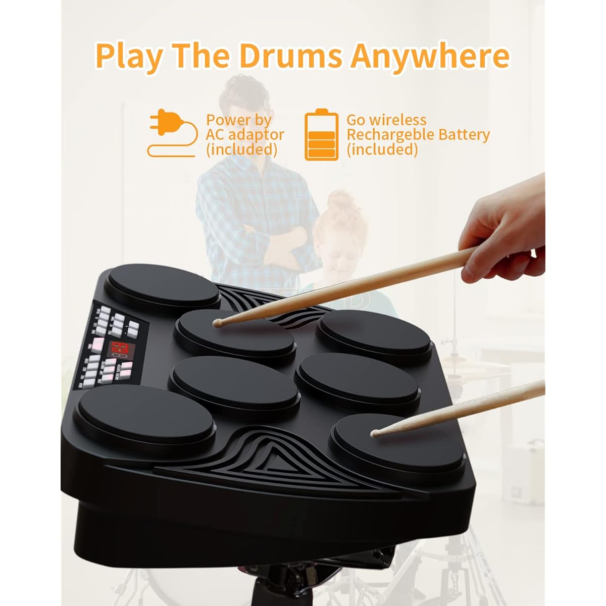 KONIX Electronic Drum Set, Tabletop Electric Drum Kit, 7 Pad Portable Digital Drum Pad Machine with Digital Panel, Built-in Speaker, PC Connection Support, Perfect Gift for Teens and Adult Beginners