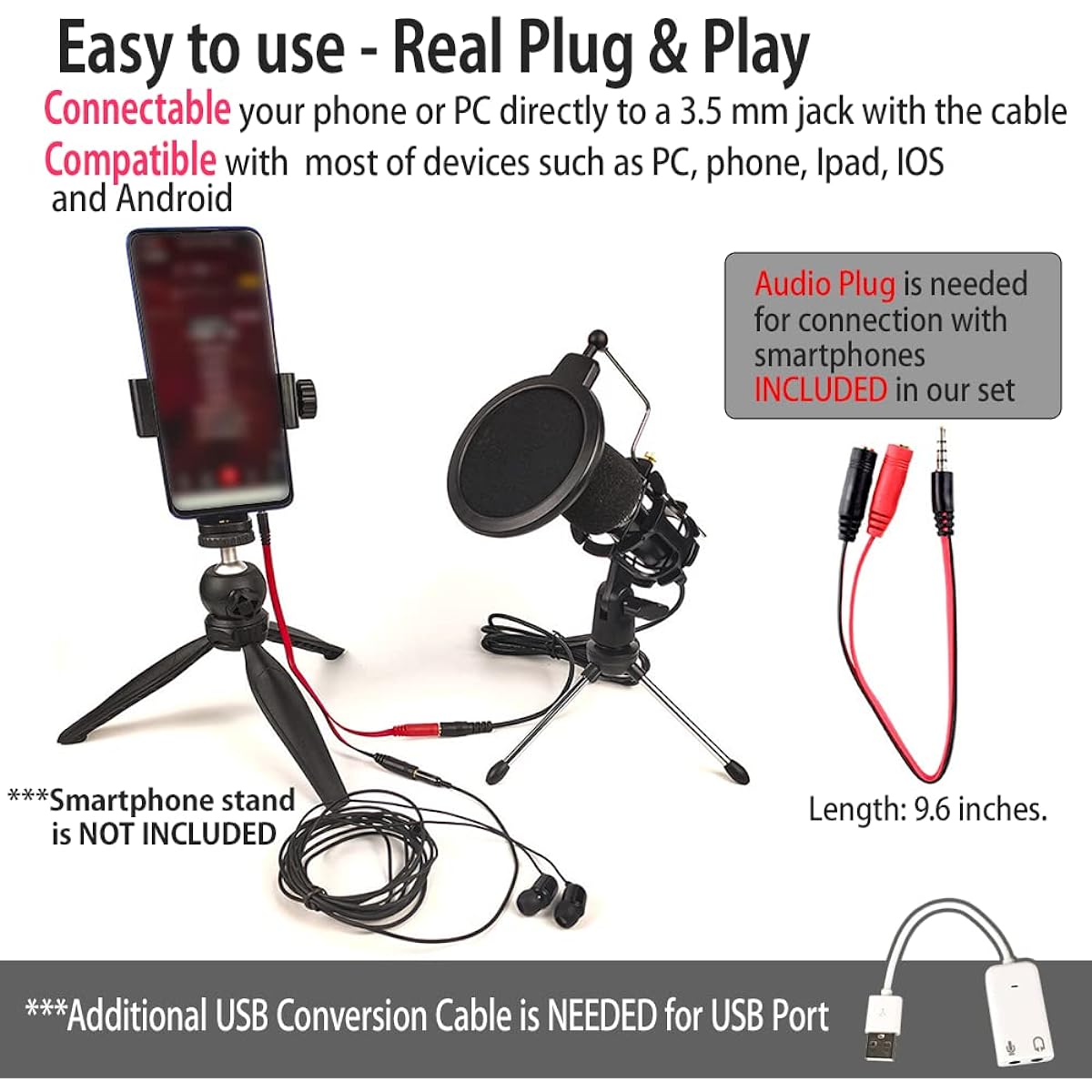 Japard Mini Recording Studio Kit with 3.5mm Jack Cable Podcast Game Recording Singing Kit Condenser Microphone Bundle Kit with Desktop Stand Broadcast Microphone for Computer