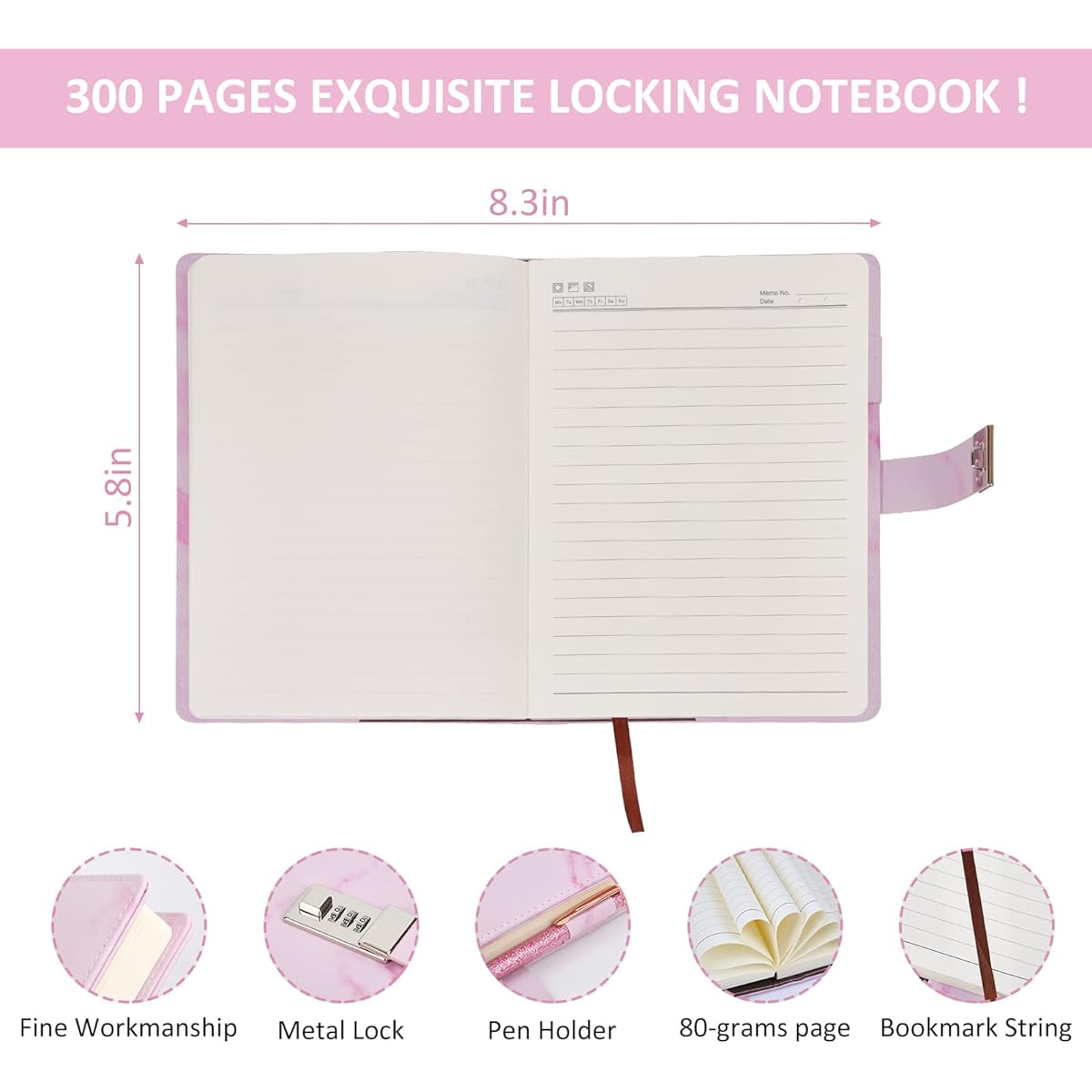 Diary Gift Set with Lock for Girls 8-12 Years Old Marble PU Leather 300 Pages Children's Diary Book Drawing Notebook for Writing with Lock Combination Lock Double Layer Pencil Pouch Bracelet Diamond Pen