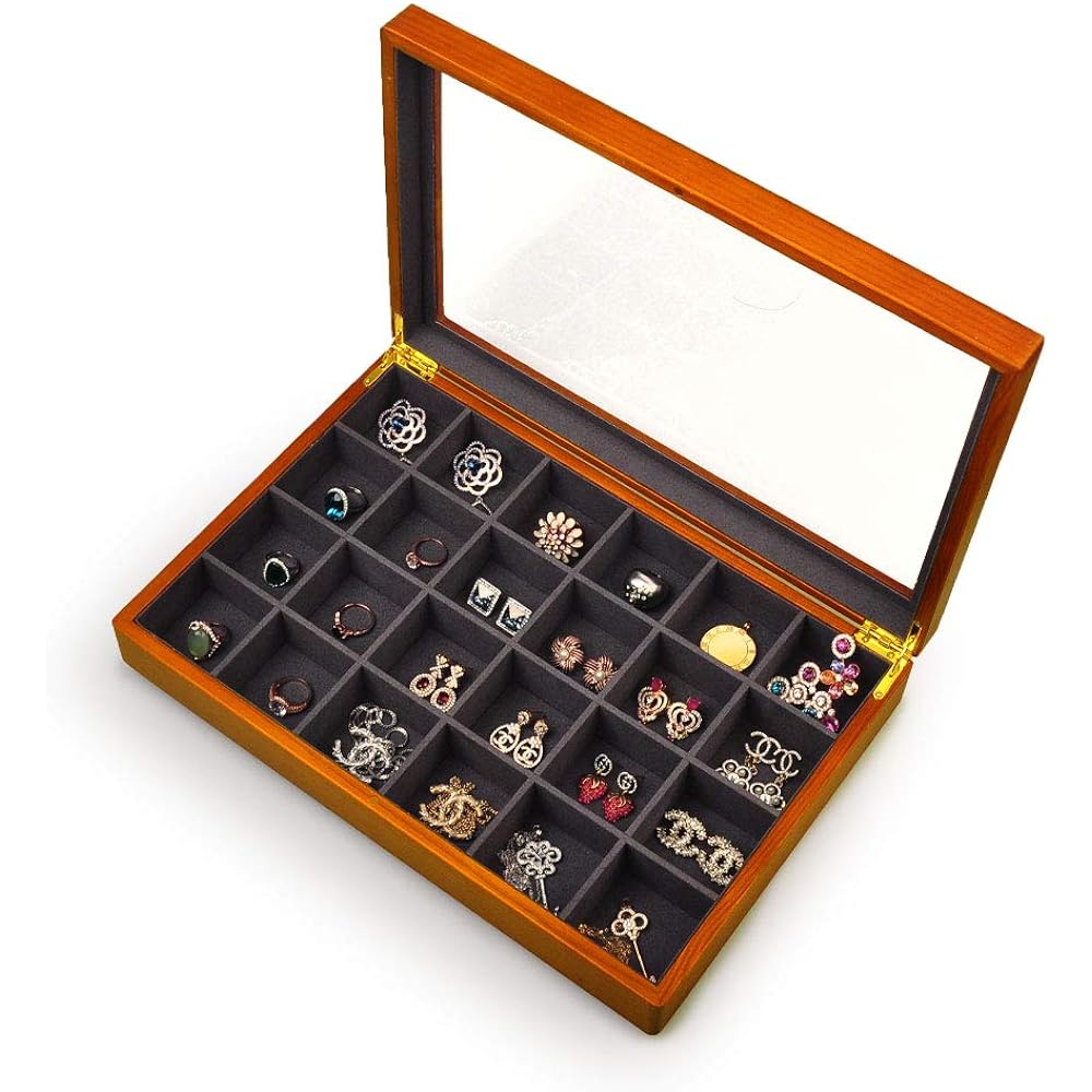 Oirlv Jewelry Tray with Lid Wooden 24 Compartment Accessory Case Large Capacity Display Storage Jewelry Box X02406 (Dark Gray)