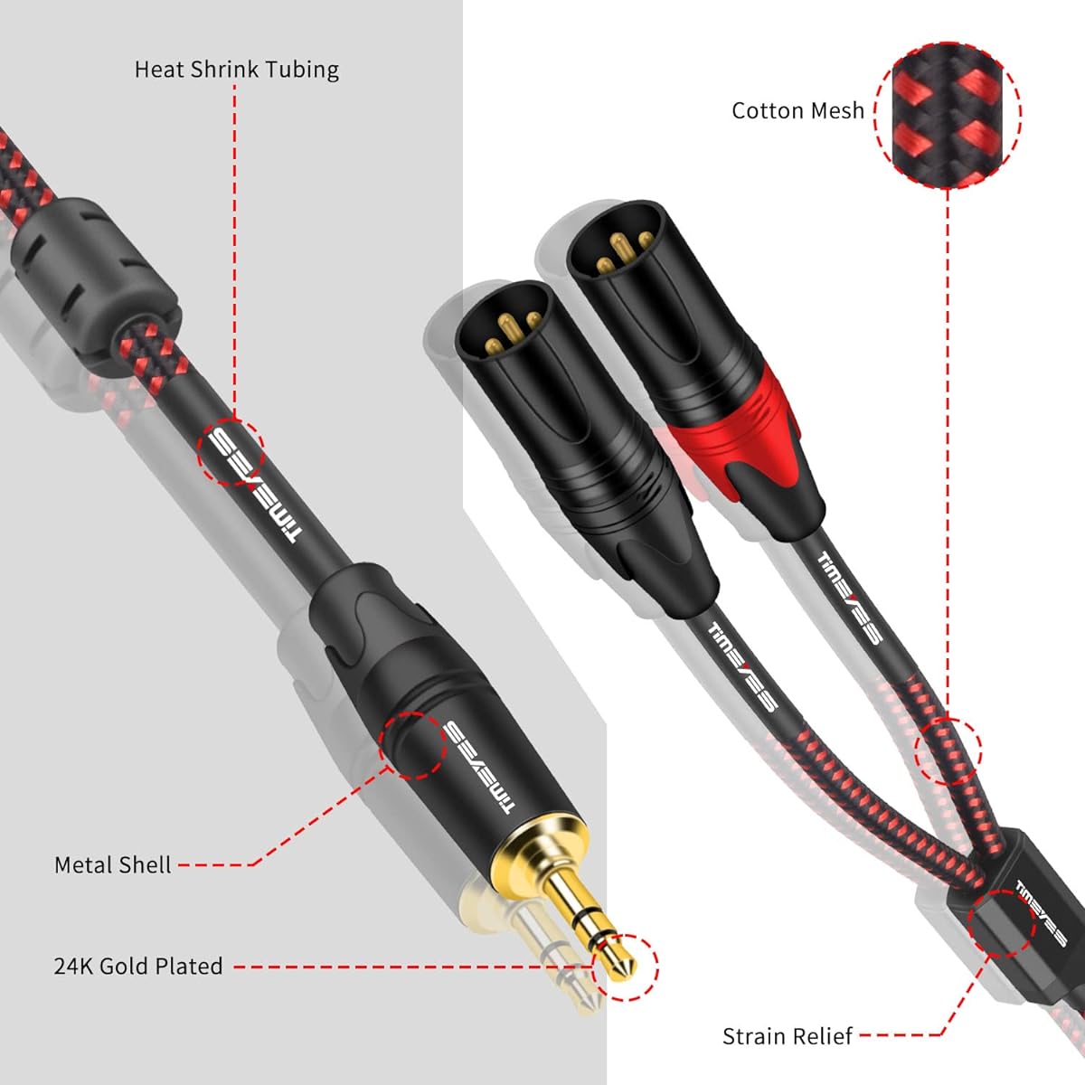 TIMEYES 3.5mm 1/8" to XLR Audio Y Cable - 1/8" 3.5mm Male to Dual XLR Male Breakout Cable - 3.5mm - 2 x XLR 3 Pin Unbalanced Microphone Adapter Cable Cord 10ft/3m